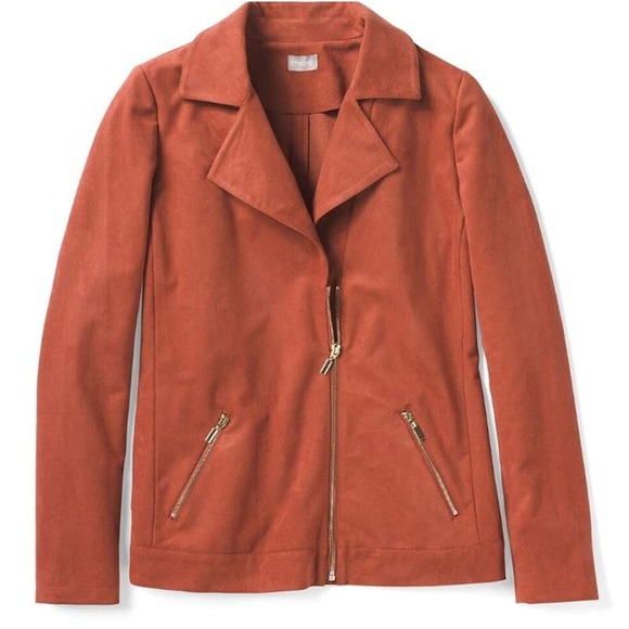 Chico's (2) Size 12 Large Moto Jacket Faux Suede Rust Fawn Brown Gold-Tone Zip - Picture 1 of 12